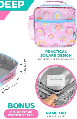 Kinsho Insulated Lunch Box Kids Girls Ice Pack Pink Rainbows Hearts Star - Picture 6 of 12