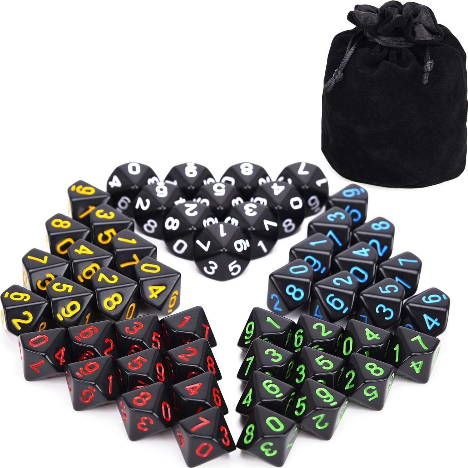 Complete D10 Dice Set - 50 Opaque Black Dice & Velvet Bag for Collectors