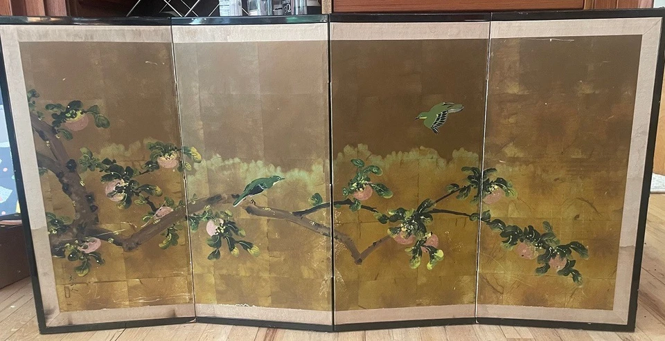 Buena pintura de pantalla Byobu japonesa vintage de 4 paneles - firmada por artista, fondo dorado Foto 4 de 4