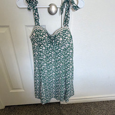 Wishful Park Green & White Floral Mini Dress Tie Straps Sweetheart Neckline S