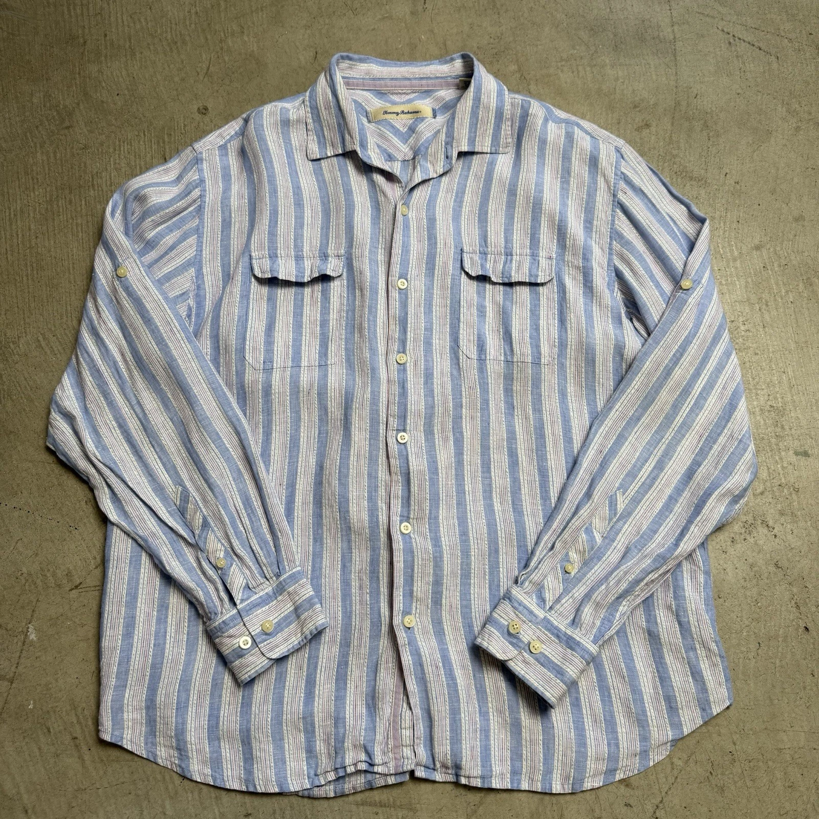 Tommy Bahama Blue Striped Linen Shirt White Mens Size XL