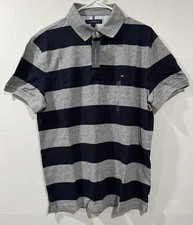 Tommy Hilfiger Polo Shirt Mens Large Gray Navy Striped Slim Fit Stretch NWT