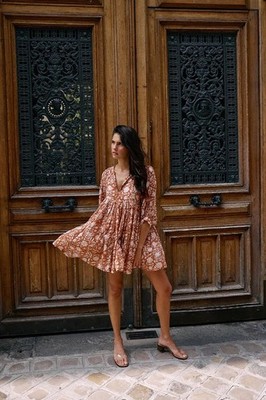 Daughters of India Kyra Mini Dress Size Medium Caramel Cotton Boho | eBay