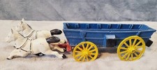 Vintage -Die cast Horse Drawn Cart -Blue Hay Wagon and White Horse Team