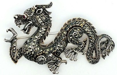 Vintage 925 Sterling Silver Marcasite With Red Eye Chinese Dragon Brooch 25.5G