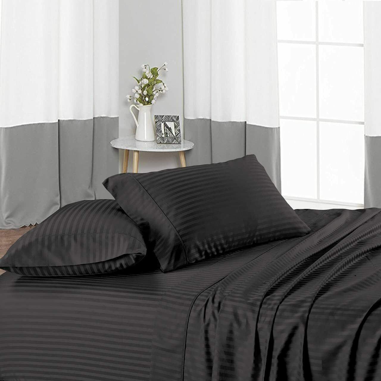 Set biancheria da letto 400 pezzi cotone egiziano copripiumino lenzuolo aderente taglie UK righe grigie foto 4