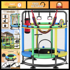 Kids Trampoline - 440lbs Capacity, Anti-Rust, Adjustable T-Handrail, Safe Round