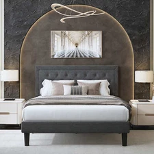 Modern Platform Bed with Button Tufted  Adjustable Headboard, Dark Grey
