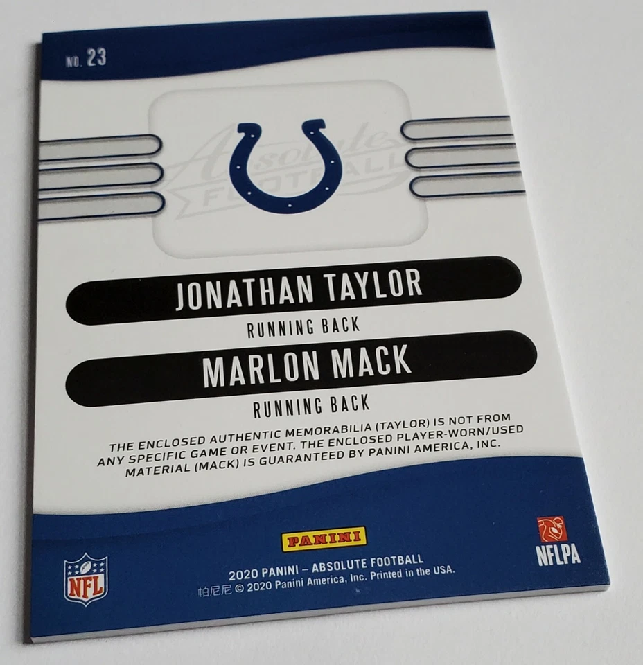 JONATHAN TAYLOR MARLON MACK 2020 Panini Absolute Team Tandem #23 Dual Patch /199 - Image 4 of 4