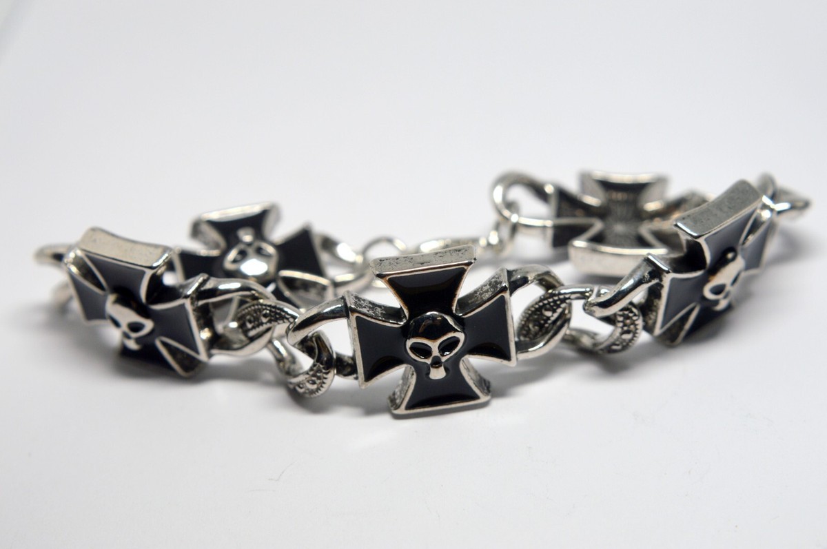 POWERFUL MEN'S BLACK ENAMELED IRON CROSS & SKULL BRACELET | eBay
