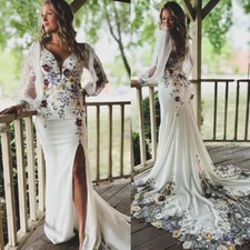 Bohemian Long Sleeves Wedding Dresses with 3D Flowers Mermaid Bridal Gowns
