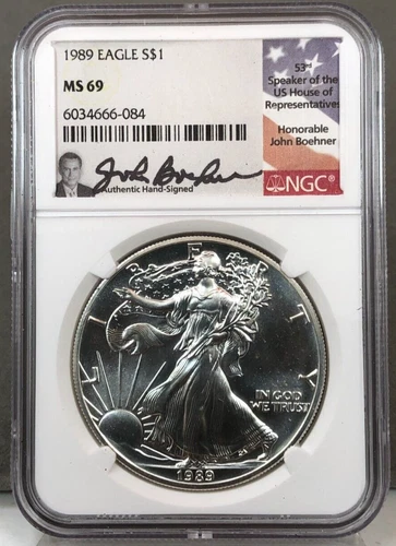 1989 $1 Silver Eagle NGC MS69 ~ 53rd Speaker Of House Rep John Boehner Signed