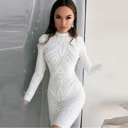 Party Evening Dress O Neck White Sequin 