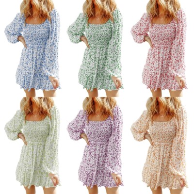 Summer Women Square Neck Smocked Florals Dress Flat Shoulder Flowy Mini Dress