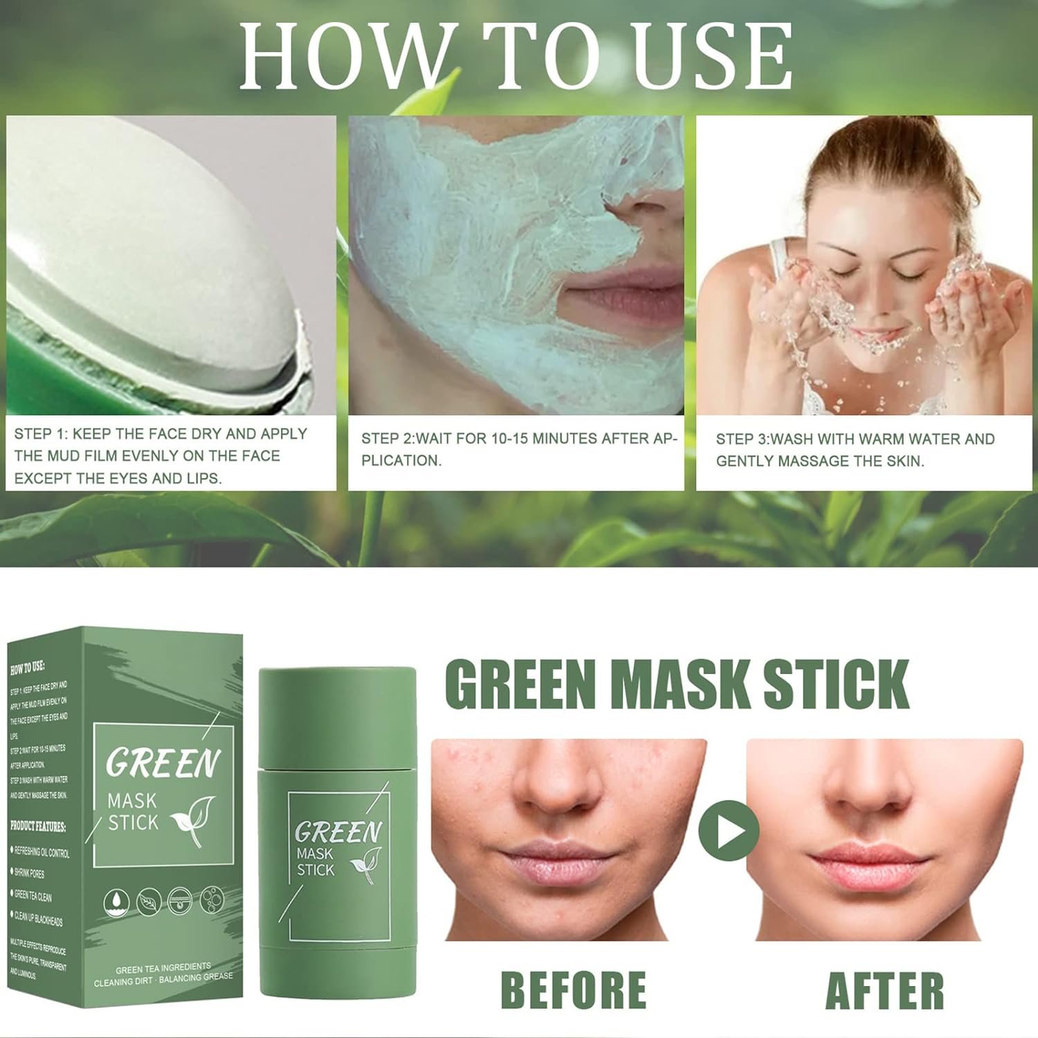 Green Tea Cleansing Mask Stick, Blackhead Remover Green Mask Stick