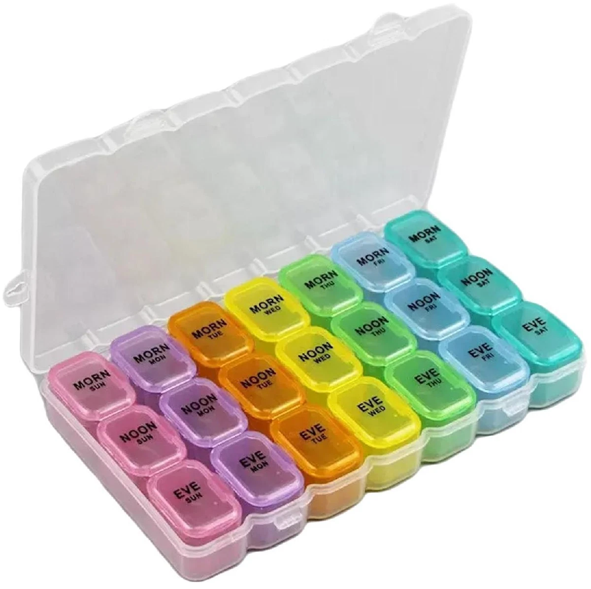 Tablettenbox 7 Tage Morgens Mittags Abends Nachts, Betife BPA Frei Pillendose 7 Tage 4 Fächer, Medikamentenbox 7 Tage, Pillenbox Groß, Tabletten Wochenbox, Pillendose 7 Tage 4 Fächer (Transparentes