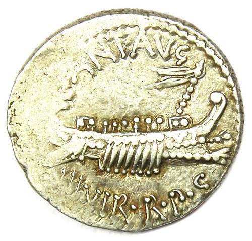 Marc Antony AR Denarius Silver Roman Galley Coin 30 BC - Good VF / XF (EF)