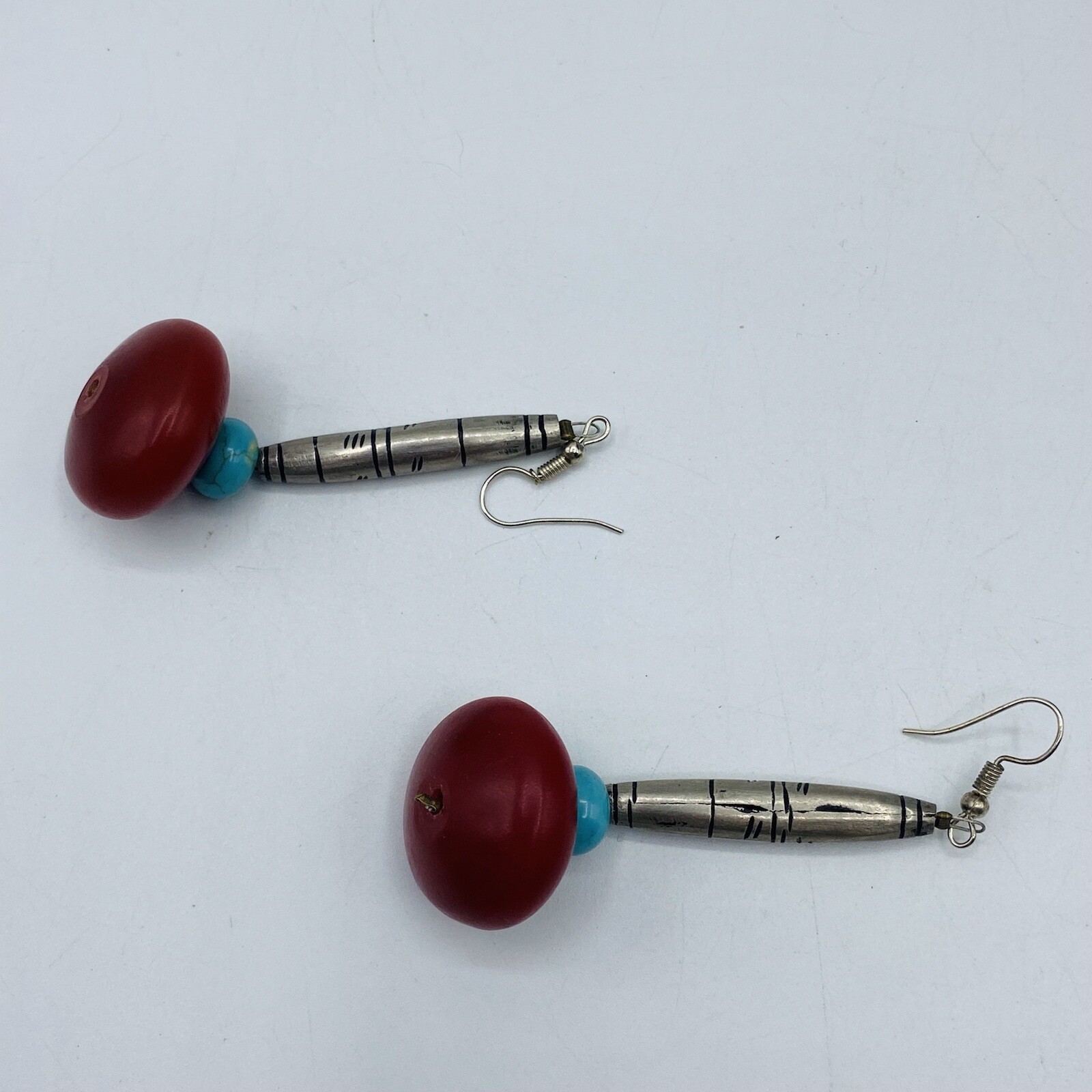 Dark Red Silvertone Bead Dangle Hook Earrings - image 3