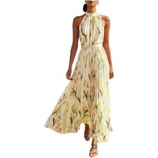 NWT Fehaute Yellow Floral Chiffon Halter Sleeveless A-Line Maxi Dress