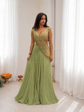 Women's Embroidered Chinon Silk Lehenga Set Wedding Party Festival Wear