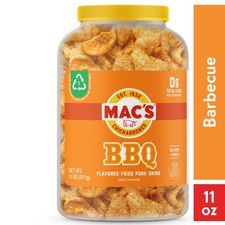 Mac's Chicharrones BBQ Flavored Crispy Fried Pork Skins, 11 oz Canister