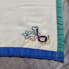 Vintage Riegel Satin Trim Baby Blanket 42x38  Embroidered Jungle Animals Safari