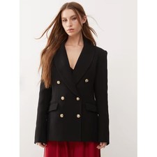 Lioness Women's Sz Medium Double Breasted Blazer with Gold Button Hardware Black