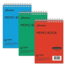 Ampad® Wirebound Pocket Memo Book, Narrow, 6 x 4, White, 40 Sheets, 3/Pack
