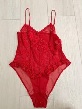 Vintage Victoria's Secret Gold Label Teddy Sz M Red Nylon Lace Beaded Applique