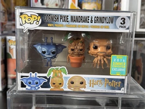 Funko POP Harry Potter 3 Pack Cornish Pixie Mandrake Grindylow 2016 w/ Protector