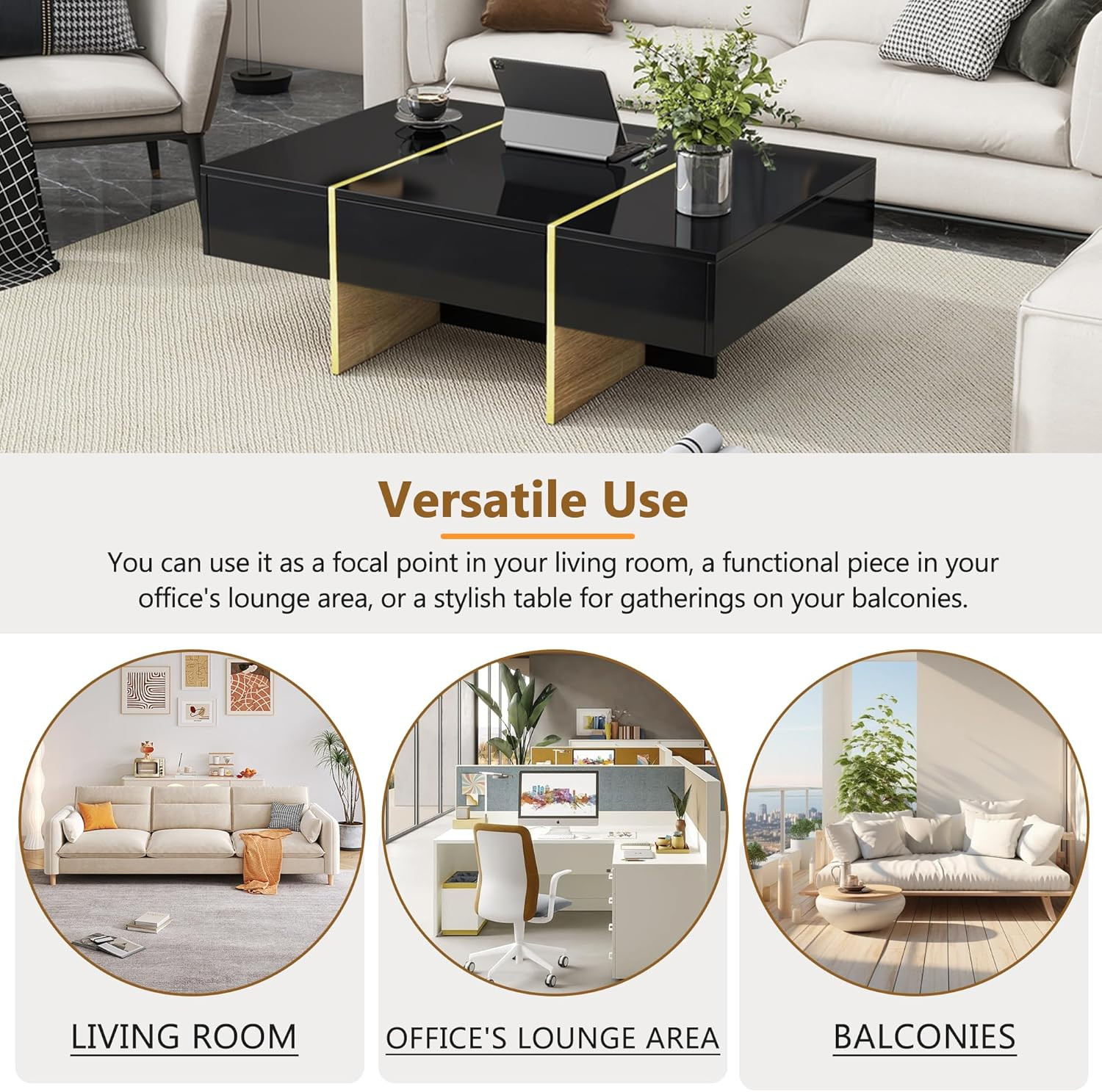 47.2'' X 31.4''Minimalist High Gloss Coffee Table with 2 Drawers, Multi-Storage