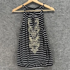 INC International Concepts Blouse Women L Large Black Striped Embroidered Rayon