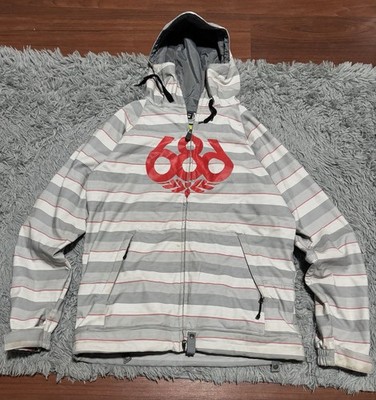 686 Plexus Snowboard Ski Jacket Mens M Gray Striped Hooded Softshell 