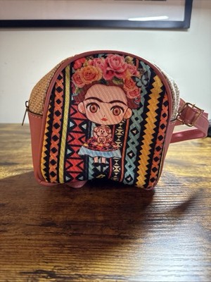 Mexican Artist Frida Kahlo Mini Backpack Animated Female Floral Pink Woven
