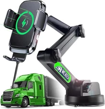 Truck phone mount with 15W wireless charging, long arm for windshield/dashboard