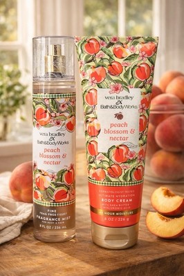 2 NEW Bath & Body Works Peach Blossom & Nectar Body Cream + Body Mist, 8 OZ
