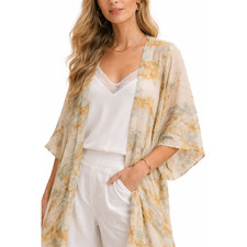 Ruggine Cream Mustard Blue Print Kimono NWT Boho Lightweight Duster Cardigan OS