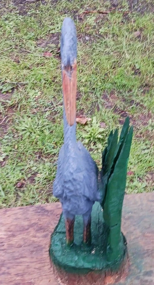 Grey Heron Green Flora Chainsaw Carving Sculpture Statue Art Decor Cypress Wood - Image 2 of 4
