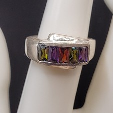 Sterling Silver 925 Rainbow Multi-color Gemstone Ring Unisex Size 7