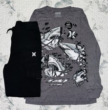 Boys Hurley Gray Sharks Long Sleeve Shirt Black Cargo Joggers Sz/ M 10-12