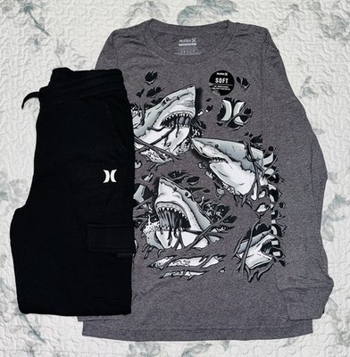 Boys Hurley Gray  Sharks  Long Sleeve Shirt & Black Cargo Joggers Sz/ M (10-12)