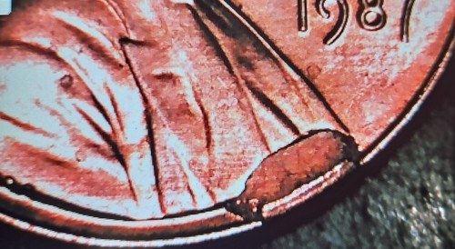 1987-P Lincoln Cent with Die Cud Error, Brilliant Uncirculated, BU - Picture 6 of 8