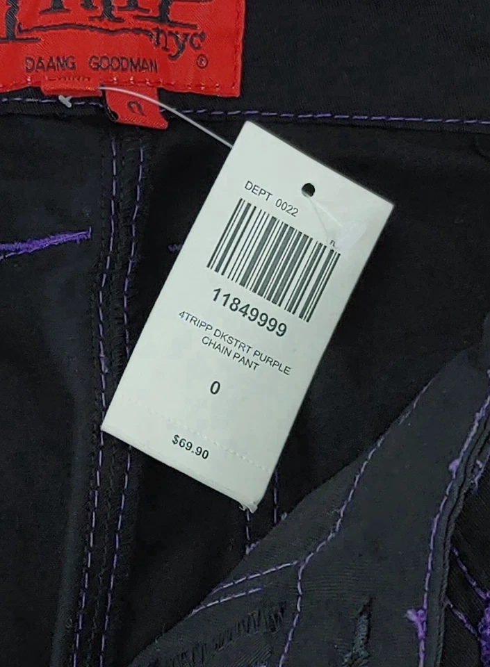 NUEVO CON ETIQUETAS Tripp NYC Negro Púrpura Gótico Punk Recto Pierna Ancha Pantalones Cadena Cremalleras Talla 0 Foto 3 de 4
