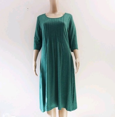 Makabo Round Neck Casual 3/4 Sleeve Pleated Midi Dress Smooth Green (M) NIB