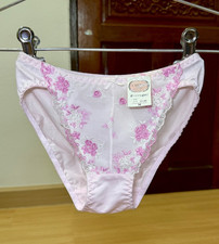 Vintage Pink Polyester Hi Cut Panty Bikini Hips 34-37 Floral Lace Briefs Sz.5