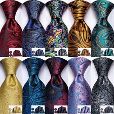 Men's Formal Necktie Set Red Paisley Silk Wedding Party Hanky Cufflinks