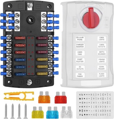 Snlazp 12 Volt Fuse Block, Waterproof Boat Panel with LED Warning Black