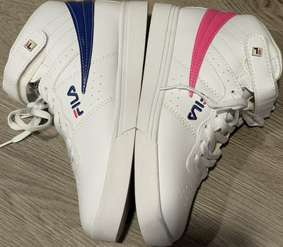 FILA White High Top Sneaker Lace Up Hook & Loop Pink Blue Accents Athletic Shoe