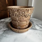 Vintage McCoy Pottery PINK Quilted Rose Planter Flower Pot Attached Saucer