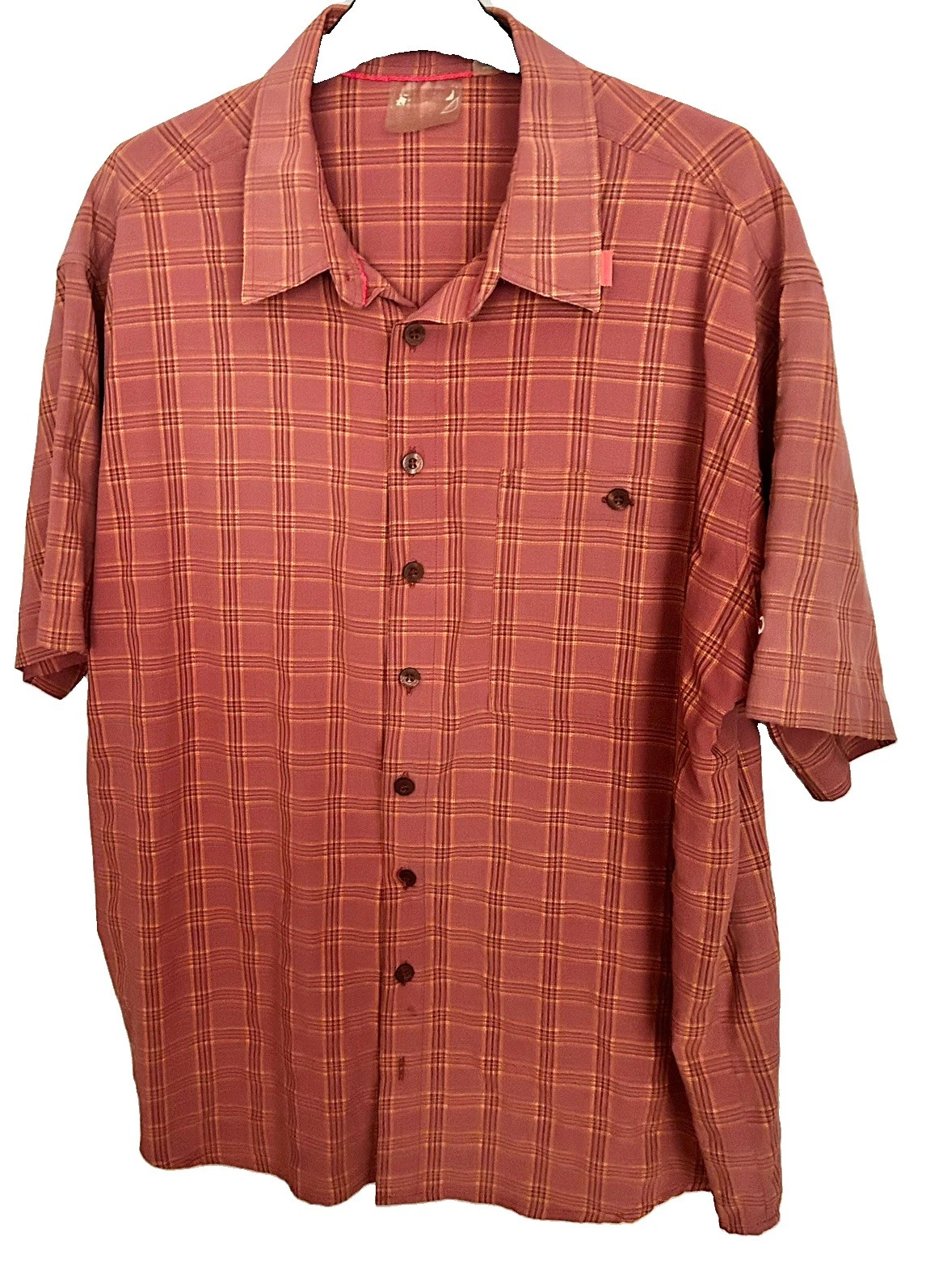 Mammut Asko Shirt Mens XL 46” orange brown Plaid Short Sleeve Hiking Outdoor